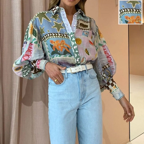 Women Elegant Vintage Floral Print Long Sleeve Shirt Lapel Lantern Sleeve Blouse Casual Multi Color Loose Button Down Top