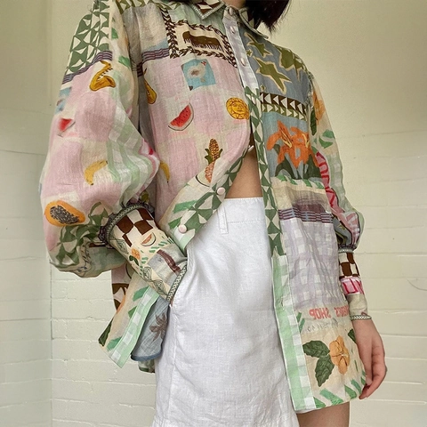 Women Elegant Vintage Floral Print Long Sleeve Shirt Lapel Lantern Sleeve Blouse Casual Multi Color Loose Button Down Top