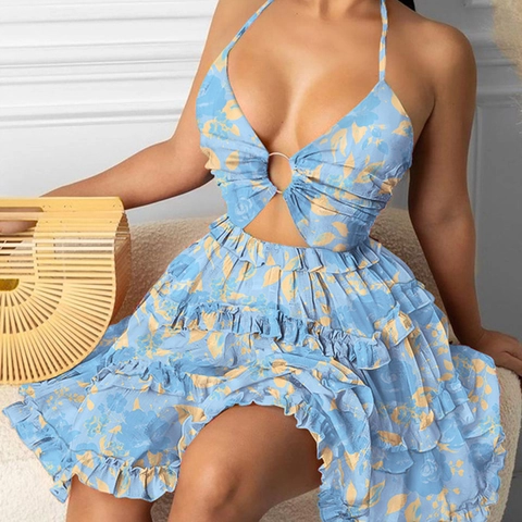 Damen Sexy Halterhals Blumenmuster Ausschnitt Mini Kleid Stufenrock Rüschen Kuchen Kleid Ärmellos Hohe Taille Boho Urlaub Kleid