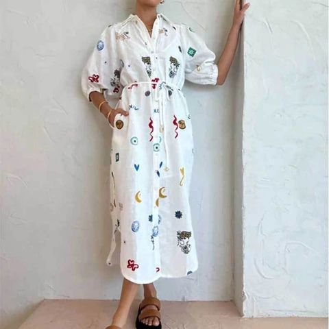 Damen Boho Print Hemdkleid Revers Langarm Weißes Maxikleid Mit Bindegürtel Buntes Grafisches Muster Button Down Kleid