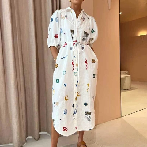 Damen Boho Print Hemdkleid Revers Langarm Weißes Maxikleid Mit Bindegürtel Buntes Grafisches Muster Button Down Kleid