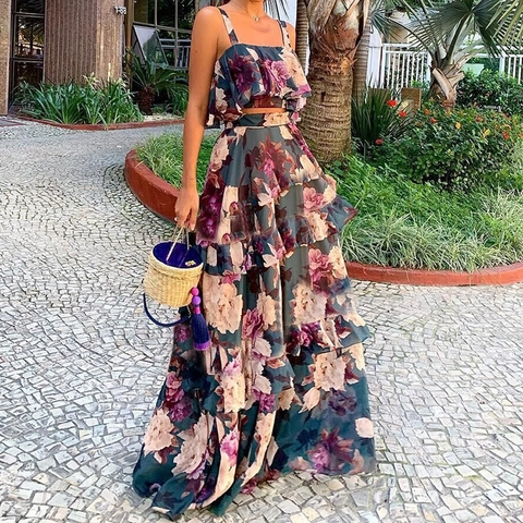 Dames Vakantie Bloemenprint Halter Cami Top en Gelaagde Maxi Rok Set Boho Tweeledige Outfits