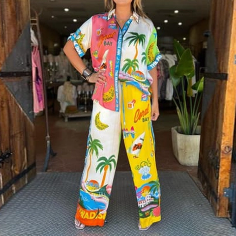 Atuendo de Verano con Estampado Tropical para Mujer Camisa de Manga Corta y Pantalones de Pierna Ancha de Cintura Alta