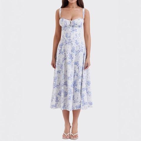 Franse Vintage Corset Midi Jurk Vrouwen Geplooide Buste Bloemenprint Hoge Split Slanke Elegante Zomervakantie Jurk