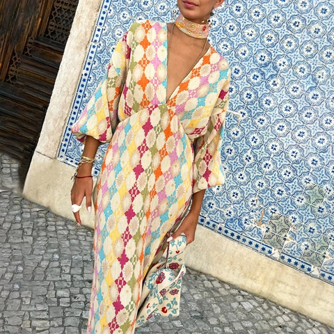 Abito Maxi Bohemien a Fantasia Geometrica Scollo a V Donna Elegante Plissettato Maniche a Lanterna Lungo Vacanza