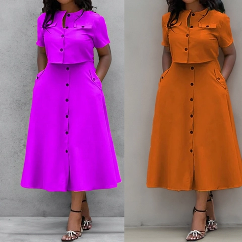 Women Short Sleeve Button Up Top And High Waist A-Line Long Skirt Set Commuter Solid Color Polyester Two Piece Skirt Set