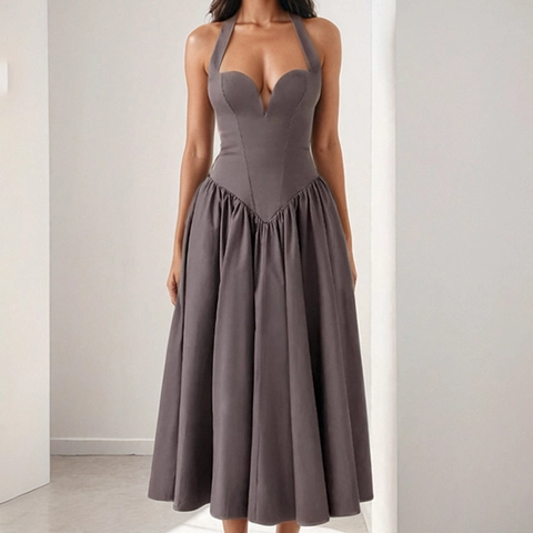 Vestido Halter para Mujer Escote en V Profundo Línea A Elegante Sin Mangas Plisado Talle Alto Color Sólido Maxi Fiesta