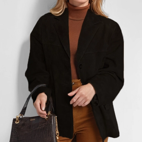 Women's Faux Suede Blazer Jacket Vintage Notched Lapel Solid Color Long Sleeve Suit Outerwear Office Lady Casual Top