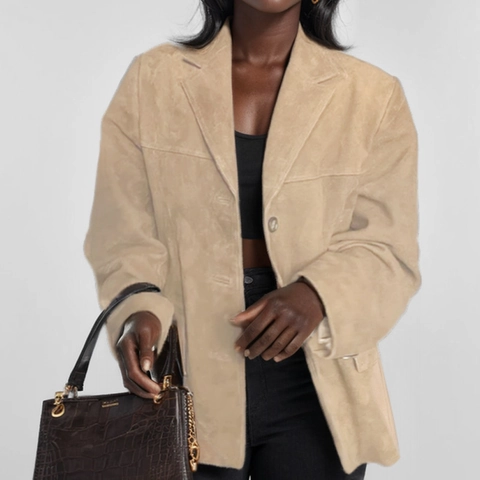 Women's Faux Suede Blazer Jacket Vintage Notched Lapel Solid Color Long Sleeve Suit Outerwear Office Lady Casual Top