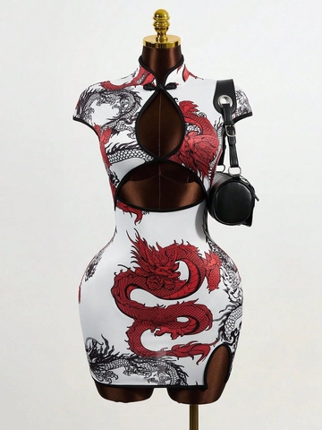 Vestito Mini Cheongsam da Donna Stampa Dragone Cinese Svuotato Colletto Rialzato Manica Corta Aderente Qipao Festa