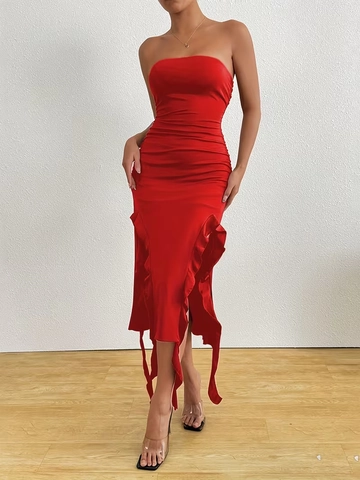 Women Sexy Strapless Ruched Bodycon Midi Dress Ruffle High Slit Tube Top Slim Fit Party Evening Night Club Outfits