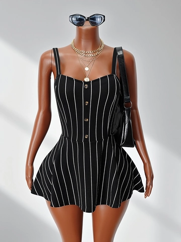 Dames Casual Gestreepte Cami Mini Jurk Knoopsluiting Rugloos Slanke Pasvorm A-Lijn Zomer Dagelijks Vakantie Jurk