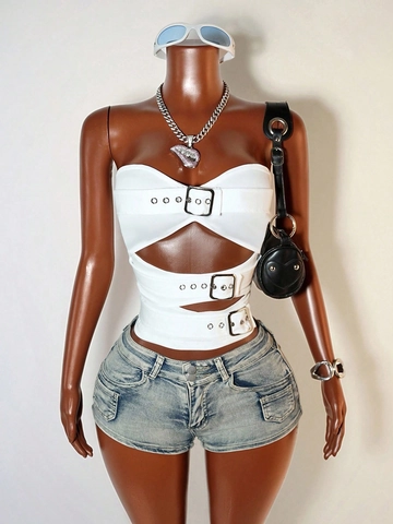 Haut Tube Sexy pour Femmes Design Ajouré Streetwear Épaules Dénudées Gilet Bandeau Avec Boucles Métalliques Style Punk Court Crop Top Été