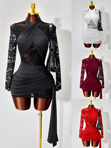 Γυναικείο Σέξι Mini Φόρεμα με Patchwork Δαντέλας Bodycon Σταυρωτό Halter Πτυχώσεις Μακρύ Μανίκι Cocktail Clubwear Φόρεμα