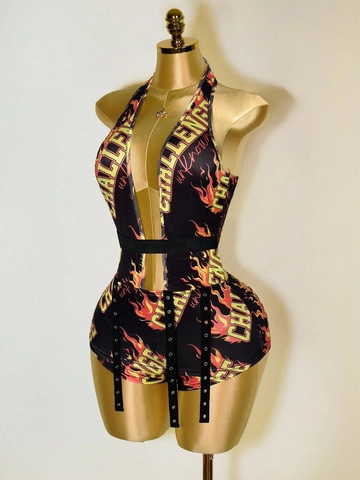 Women Sexy Halter Neck Deep V Playsuit Flame Letter Print Slim Fit Sleeveless Backless Clubwear Fashion Jumpsuit Top Pants