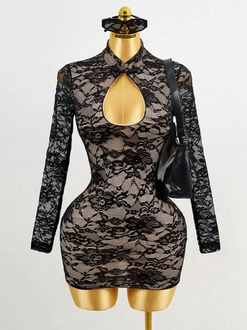 Vestito Donna Sexy in Pizzo Nero a Manica Lunga Mini Abito Traforato Design a Goccia Colletto alla Mandarina Bodycon Slim per Festa