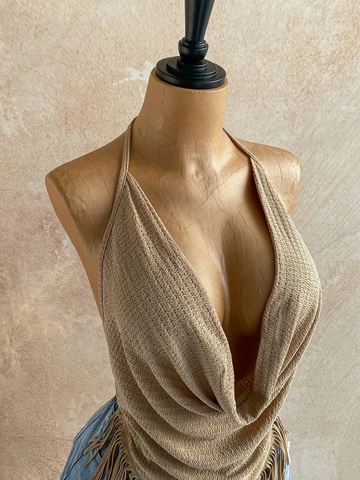 Dames Sexy Gedrapeerde Hals Halter Tanktop Mouwloos Rugloos Kwastje Trim Slim Fit Zomer Resort Stijl Camisole Vest Top