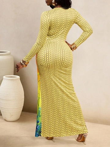 Women's Casual Gradient Print Maxi Dress Long Sleeve Round Neck Slim Fit Split Hem Bodycon Dress For Party Vacation