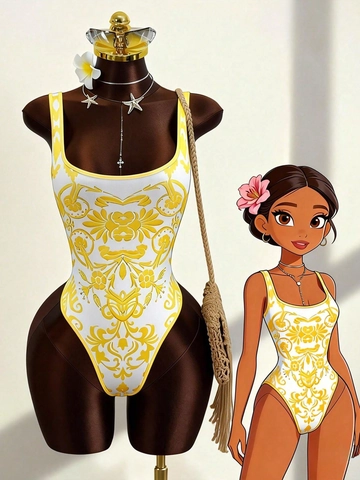 Women Baroque Print One Piece Swimsuit Deep U Neck Backless High Cut Sexy Beachwear Monokini Bathing Suit