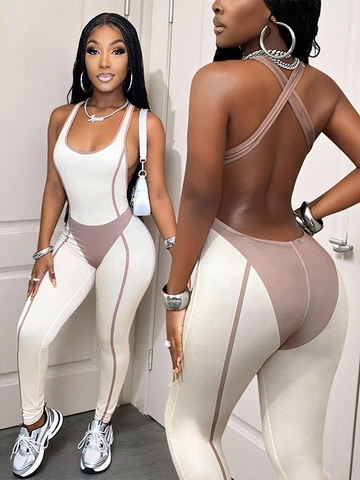 Damen Sexy Color Block Jumpsuit Ärmellos Rückenfrei Eng Yoga Bodysuit Sportlich Streetwear Fashion Overall Damen