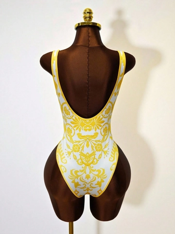 Women Baroque Print One Piece Swimsuit Deep U Neck Backless High Cut Sexy Beachwear Monokini Bathing Suit