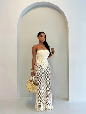Women Sexy Strapless Hollow Out Knit Maxi Dress Summer Beach Vacation Tassel Solid Color Slim Fit Crochet Long Dress