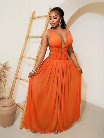 Damen Sexy Tiefer V Ausschnitt Ärmellos Orange Maxi Kleid Rückenfrei Ausschnitt Plissee Hoher Schlitz Strand Abend Langes Kleid