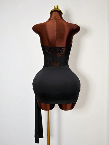 Women Sexy Black Tube Top Lace Patchwork Bodycon Mini Dress Ruched Hollow Out Slim Fit Clubwear Party Dress With Streamer