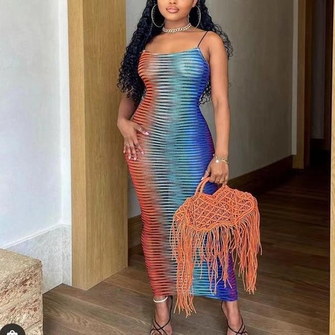 Women Sexy Sheer Mesh Bodycon Maxi Dress Spaghetti Strap Gradient Stripe See Through Vacation Party Clubwear Long Dress