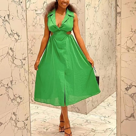 Women Sexy Hollow Out Waist Sleeveless Midi Dress Elegant Lapel Single Breasted A-Line Ruched Green Party Vacation Dress