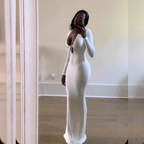 Robe Maxi Sexy en Tricot à Côtes pour Femmes Col en V Profond Manches Longues Couleur Unie Coupe Slim Moulante
