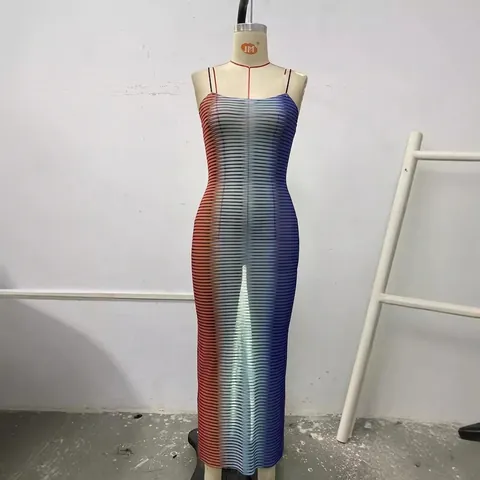 Women Sexy Sheer Mesh Bodycon Maxi Dress Spaghetti Strap Gradient Stripe See Through Vacation Party Clubwear Long Dress