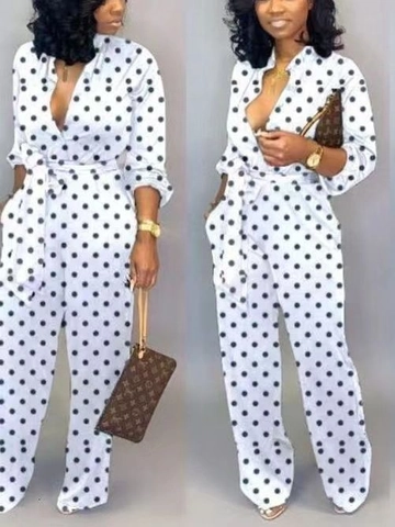 Damen Polka Dot Print Langarm Jumpsuit Elegant V Ausschnitt Knopf Gürtel Weites Bein Romper Herbst Mode Lässig Einteiler Jumpsuit
