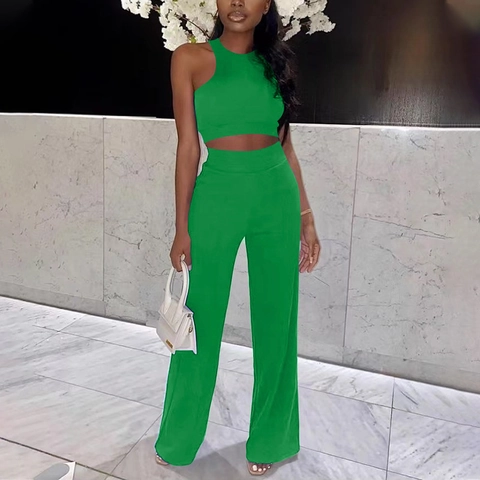 Damen Casual Ärmellos Rundhalsausschnitt Crop Top Und Hohe Taille Weite Hose Zweiteiler Outfits Einfarbig Rippstrick Kleidung