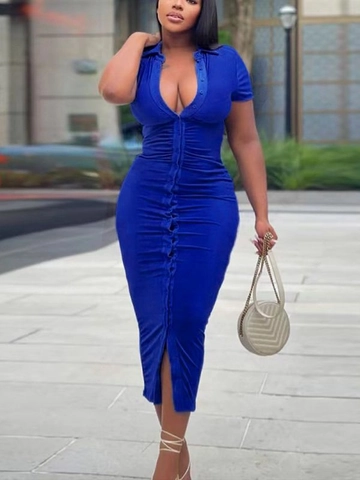 Damen Raffung Slim Fit Maxi Kleid Sexy Polo Kragen Kurzarm Knopf Vorne Einfarbig Bodycon Langes Kleid