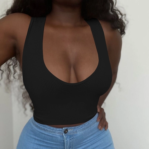 Canotta da Donna Sexy a Costine Crop Top Scollo a U Senza Maniche Tinta Unita Slim Fit Gilet Estate Moda Casual Abbigliamento Donna