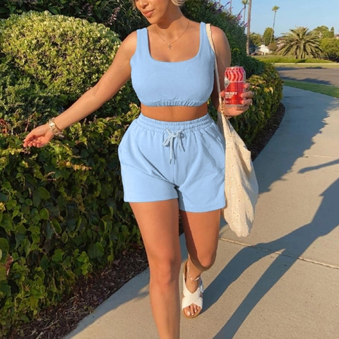 Women Casual Sleeveless Crop Top And High Waist Drawstring Shorts Two Piece Set Summer Solid Color Sporty Knit Outfit