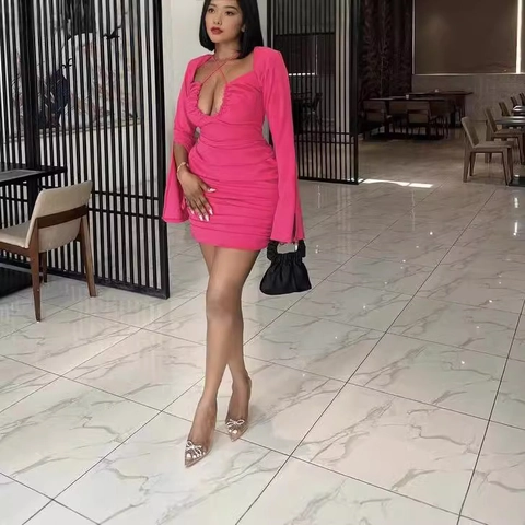 Sexy Col en V Sangles Croisées Plissé Robe Courte Rouge Rose Coupe Ajustée Moulante Club Robe de Soirée Polyester Élasthanne