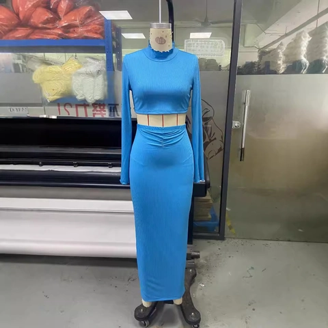 Conjunto Sexy de Dos Piezas Falda Acanalada para Mujer Top Corto Cuello Perkins Manga Larga y Falda Maxi Bodycon Cintura Alta Azul