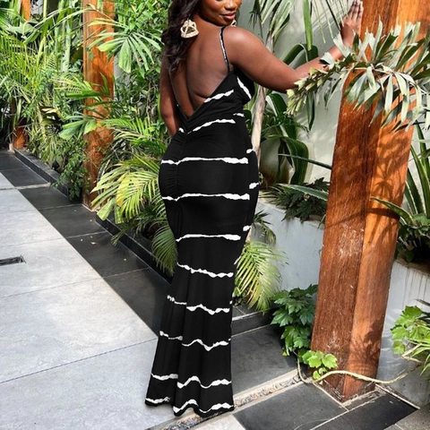 Damen Sexy Tiefem V-Ausschnitt Spaghettiträger Maxi Kleid Streifendruck Rückenfrei Schlanke Passform Gerafft Party Urlaub Langes Kleid