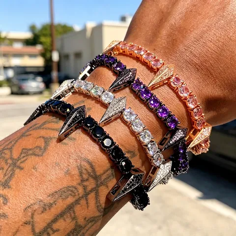Hip Hop Spiked Tennis Bracelet With Cubic Zirconia Copper Punk Gothic Thorn Jewelry Men Women