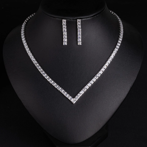 V Shape Necklace Dangle Earrings Silver Earring Post Copper Cubic Zirconia Tennis Bracelet Luxury Wedding Party Women