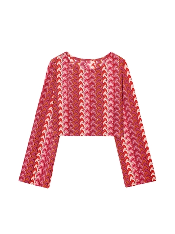 Damen Mehrfarbig Zickzack Häkelstrick Langarm Crop Top Und Hohe Taille Weite Hose Boho Stil