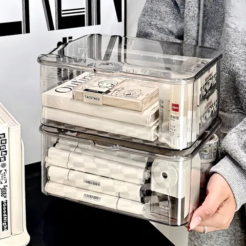 Scatola di Immagazzinaggio da Scrivania in Acrilico Trasparente Con Coperchio Antipolvere Organizer Grande Capacità Per Custodia Telefono Cancelleria Cosmetici Ufficio Camera