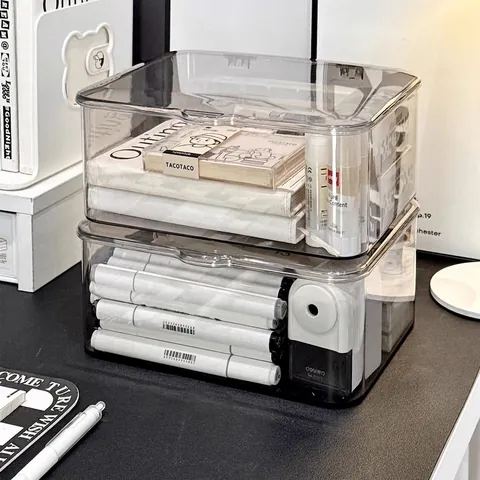 Scatola di Immagazzinaggio da Scrivania in Acrilico Trasparente Con Coperchio Antipolvere Organizer Grande Capacità Per Custodia Telefono Cancelleria Cosmetici Ufficio Camera