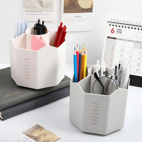 Rotating Pen Holder Swivel Desktop Organizer Multiple Compartments Plastic Stationery Storage Office School Modern