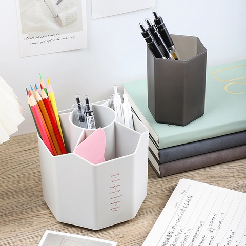 Rotating Pen Holder Swivel Desktop Organizer Multiple Compartments Plastic Stationery Storage Office School Modern
