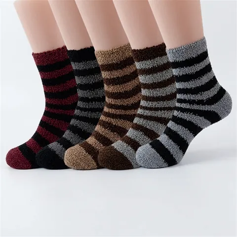 Herren Crew Socken Korallenvlies Plüsch Flauschig Warm Dick Gestreift Winter Haus Schlafen Weich