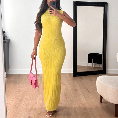 Women Sexy Sleeveless Ribbed Knit Maxi Dress Round Neck Bodycon Slim Fit Solid Color Summer Party Long Vest Dress