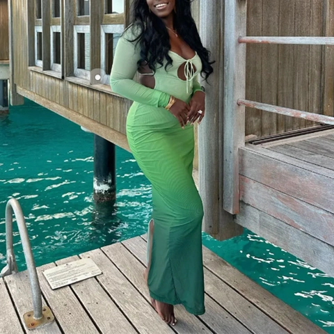 Sexy Dames Ombre Gradiënt Hollow Out V-Hals Rugloos Slim Fit Lange Mouw Bodycon Maxi Jurk Van Polyester Spandex